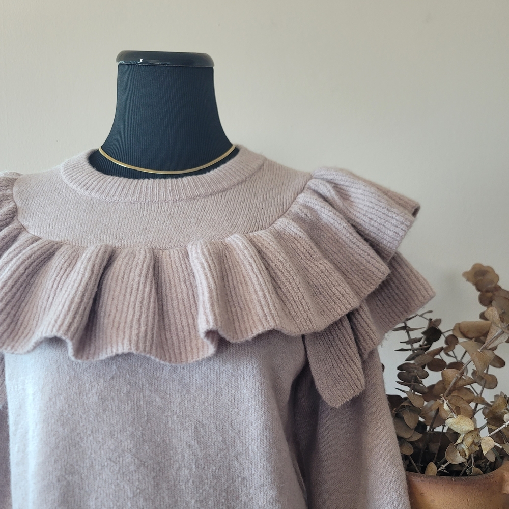 Madewell Ruffle-Yoke Sweater in Coziest Yarn Heather Muave NWT Sz S Wool Blend